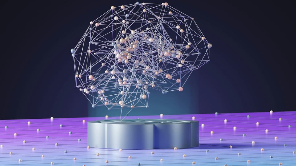 Illustration of a brain of connected nodes above a glowing purple grid, on U.S. visa and immigration support for AI researchers