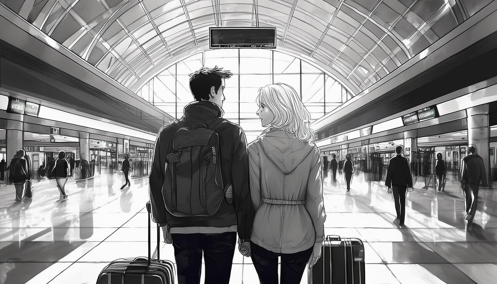 Black-and-white illustration of a young couple with suitcases, seen from behind, holding hands in a bright airport terminal