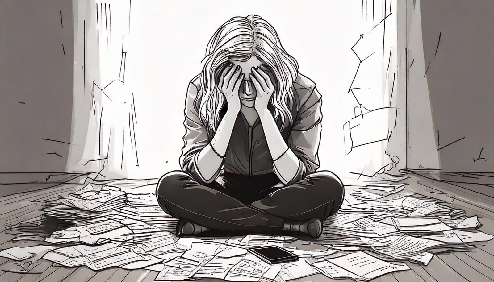 Black-and-white illustration of a woman sitting on the floor with her head in her hands, surrounded by scattered papers and a phone