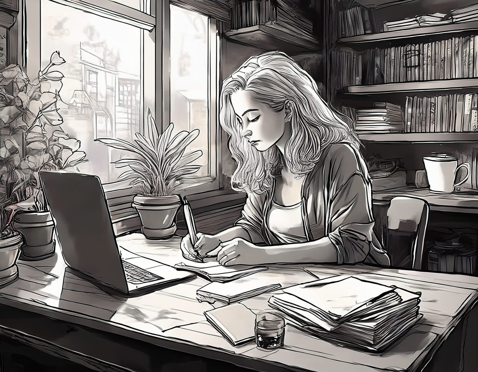 Black-and-white illustration of a woman writing notes at a wooden desk with a laptop, plants and bookshelves by a window