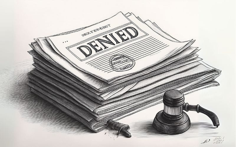 Black-and-white drawing of a stack of documents stamped DENIED next to a judge's gavel