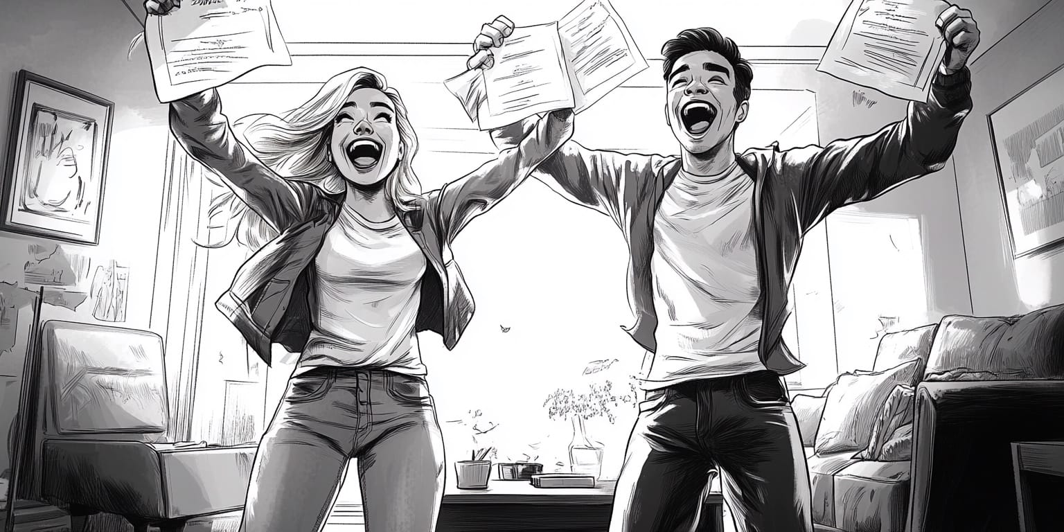 Black-and-white illustration of a laughing couple jumping for joy in their living room, waving papers in the air