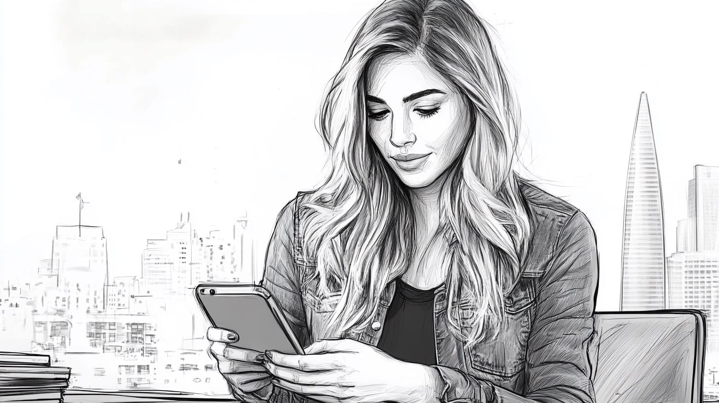 Black-and-white sketch of a woman in a denim jacket smiling at her phone, with a city skyline behind her