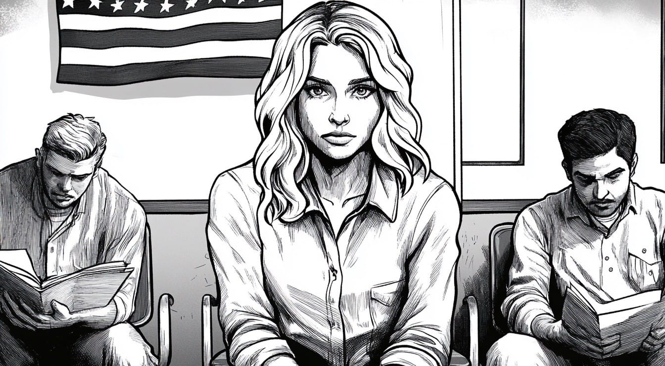Black-and-white illustration of a worried woman waiting on a chair between two men reading papers, under an American flag