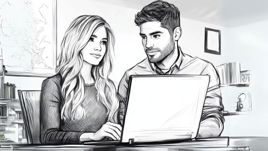 Black-and-white sketch of a woman and a man working together on a laptop at a desk