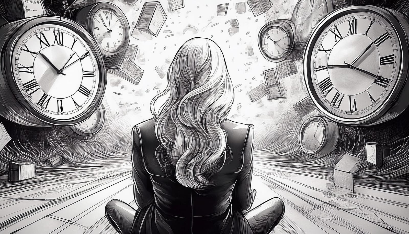 Black-and-white illustration of a woman seen from behind, sitting on the floor among floating clocks and papers