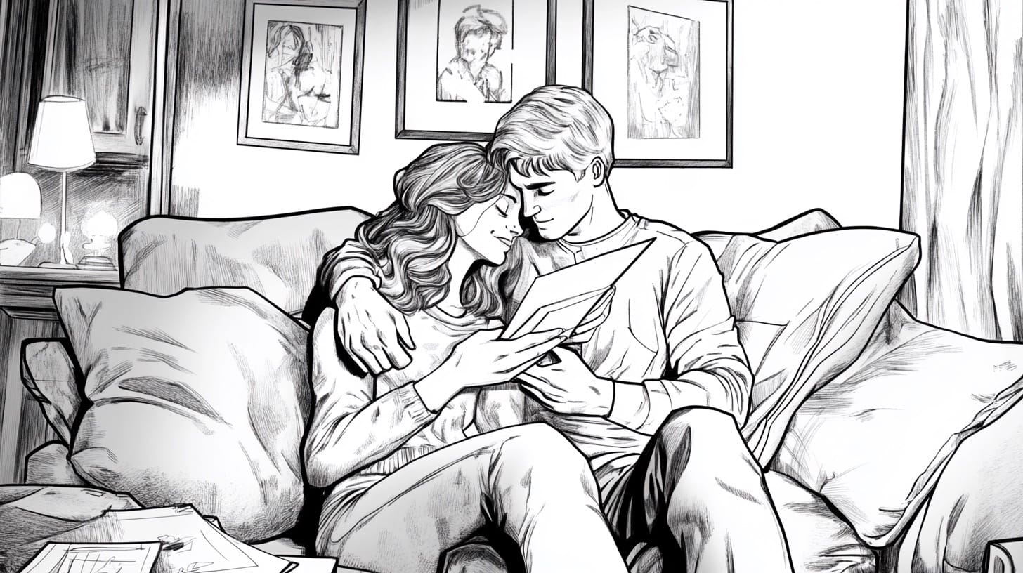 Black-and-white illustration of a couple embracing on a sofa while reading a letter together