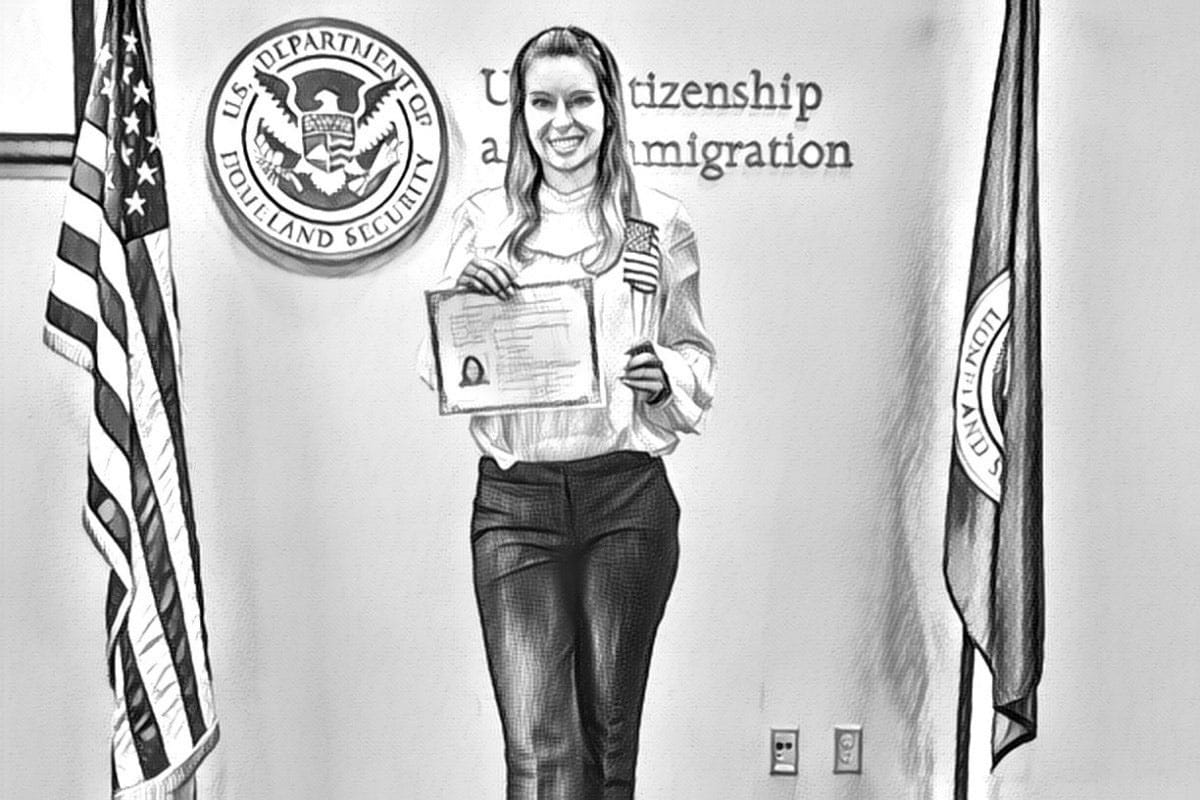 Sketch-style photo of Sylvia smiling with her naturalization certificate and a small U.S. flag in front of the Department of Homeland Security seal